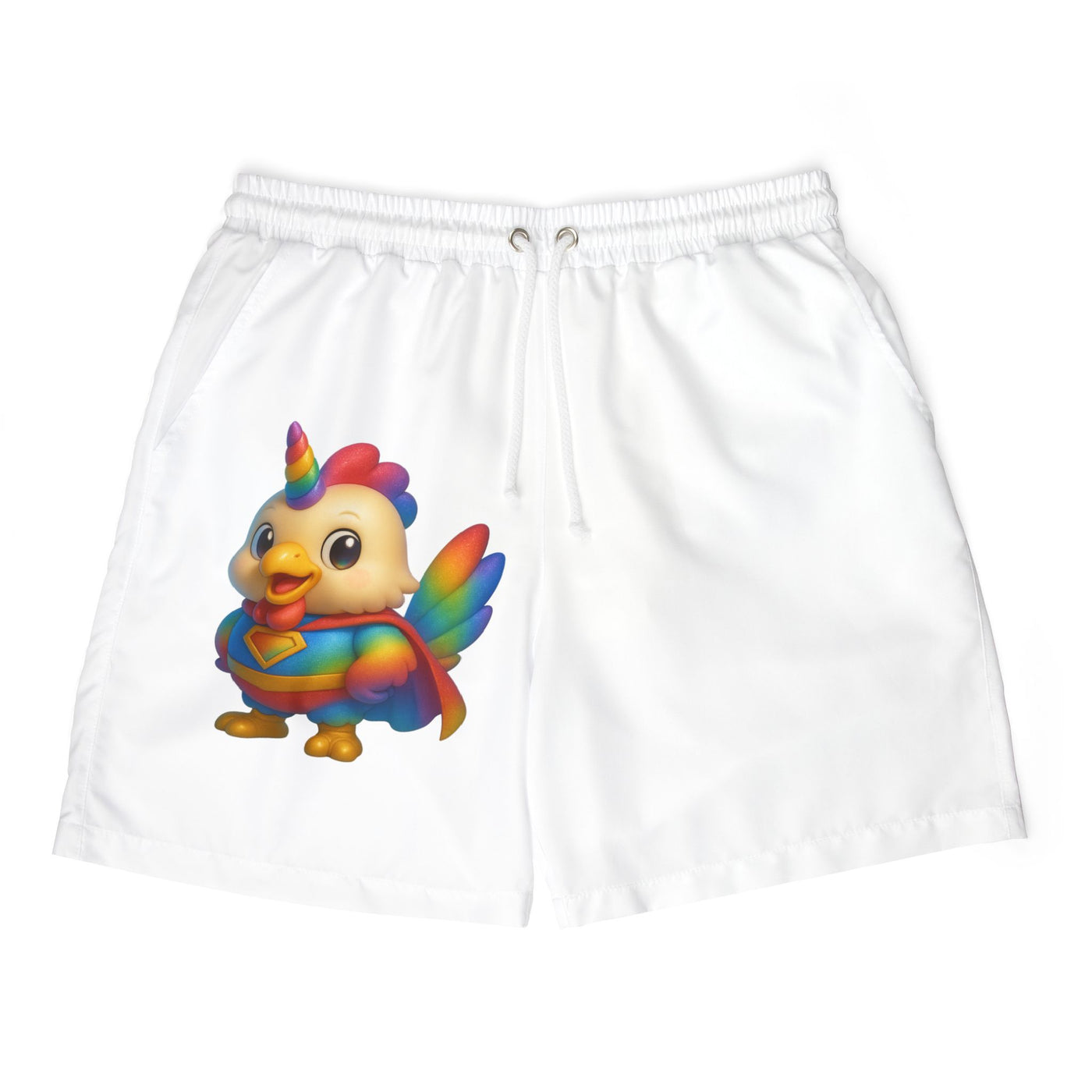 Rainbow Chicken Unisex Swim Shorts, Beachwear, Summer Fun, Gift for Him/Her, Pool Party Essential, AOP Swim Trunks