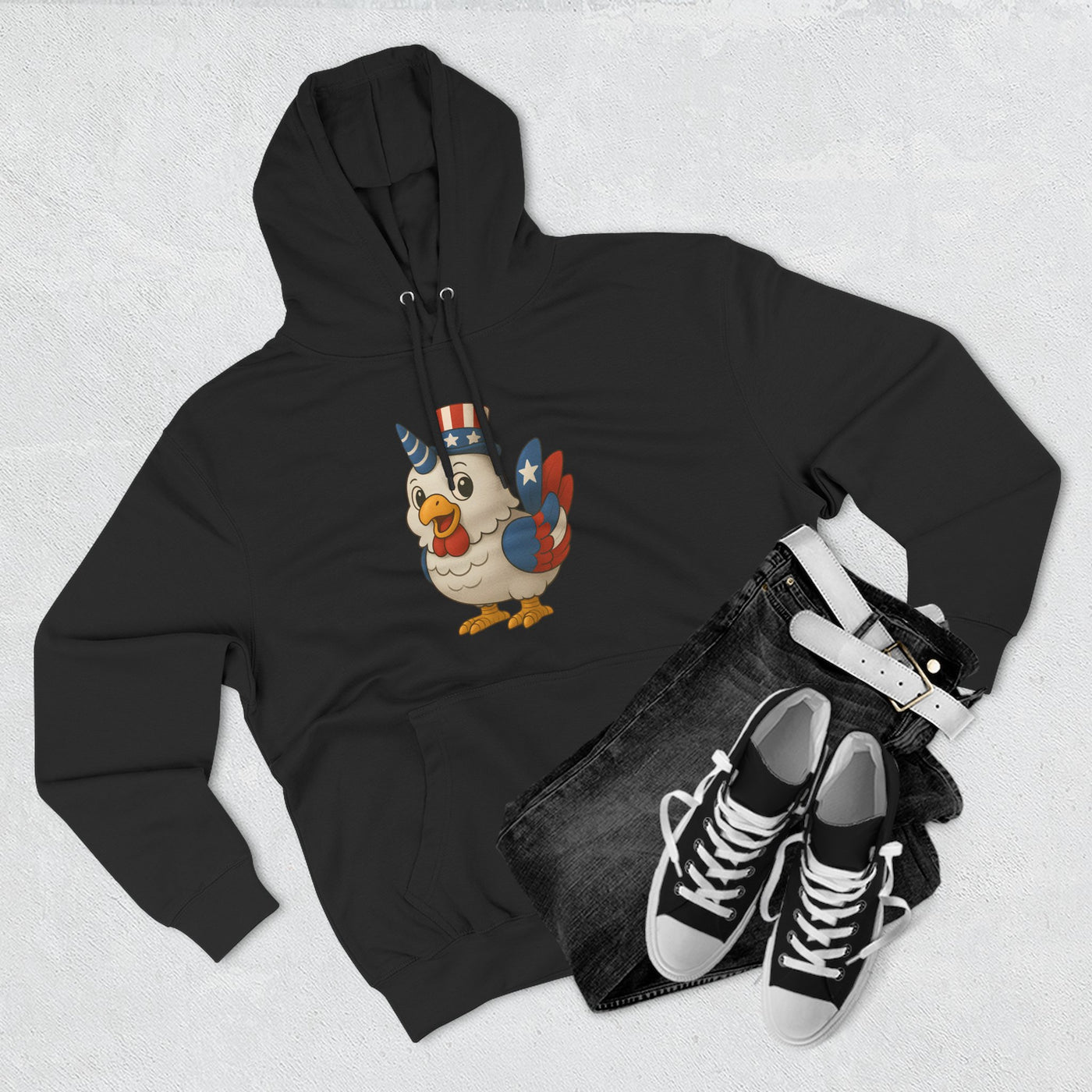 Patriotic Unicorn Chicken Fleece Hoodie, Fun Animal Hoodie, Custom Hoodie, Gift for Kids, Fourth of July Apparel, Summer Fashion